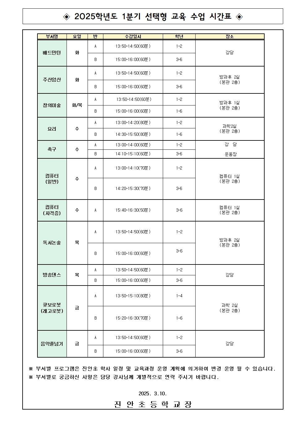 2025학년도 1분기선택형 교육 수업 시간표001